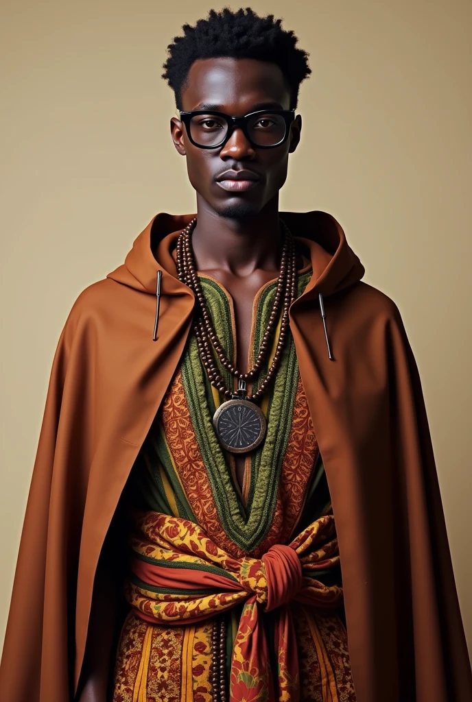 (photorealism:1.2), a young black handsome man wearing a brown cape,wearing African clothing, black oversized glasses and no beard watching the camera.