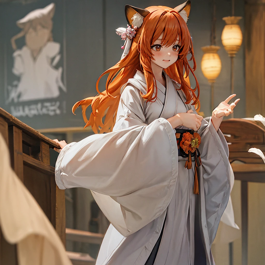 masterpiece, best quality, Very detailed, 1 Girl, Solitary, (:3:0.9), Animal ears绒毛, Animal ears, Orange Hair, Fluffy hair, blush, Brown eyes, flower, Fox ears, Fox Girl, slope, slope background, hair flower, Hair accessories, Japanese clothes, kimono, Looking at the audience, Shrine maiden, Smile, Solitary, white kimono, Beautiful Lights