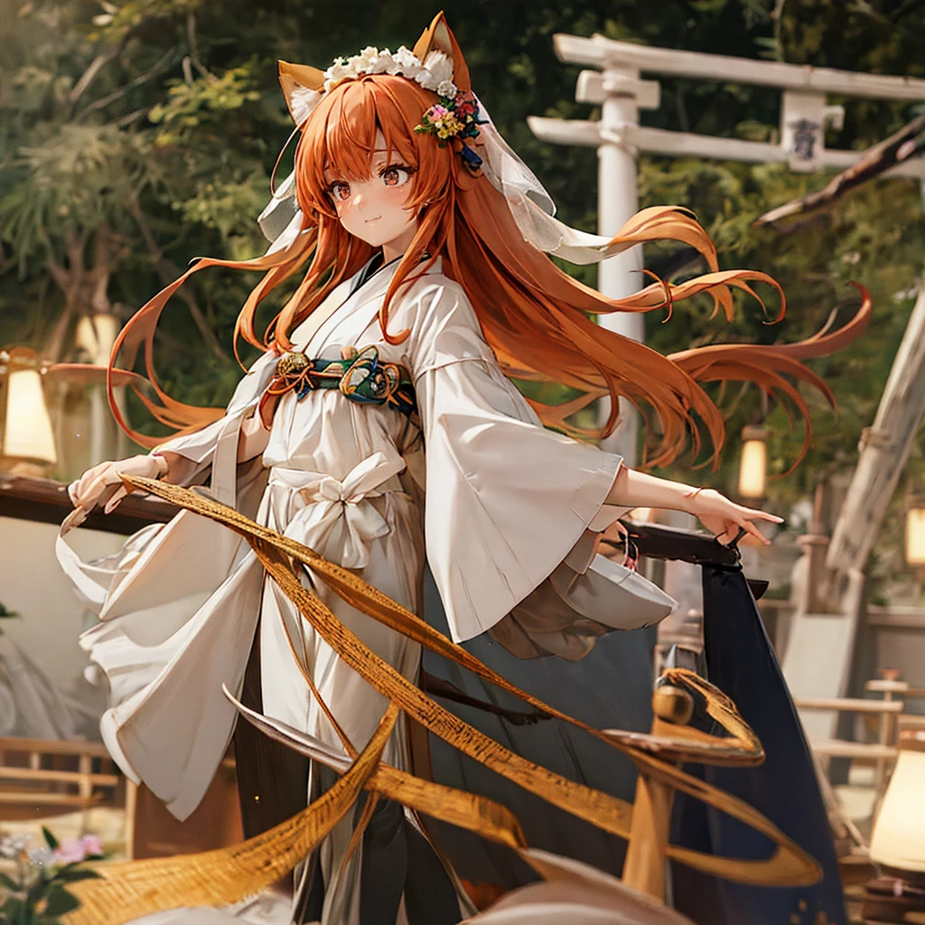 masterpiece, best quality, Very detailed, 1 Girl, Solitary, (:3:0.9), Animal ears绒毛, Animal ears, Orange Hair, Fluffy hair, blush, Brown eyes, flower, Fox ears, Fox Girl, slope, slope background, hair flower, Hair accessories, Japanese clothes, kimono, Looking at the audience, Shrine maiden, Smile, Solitary, white kimono, Beautiful Lights