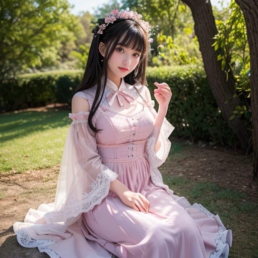 best quality, Delicate face，beautiful visual work, lifelike, eternity, black hair, Long curly hair, blunt bangs, Smile, Detailed Background, Delicate face，blush，cold，((masterpiece))、(top quality)、8k、high detail、Super detailed，31-year-old female，lolita dress, layered dress, Lots of bows on the dress,Pink dress,masterpiece、born、Scenes resembling fairy tale illustrations、intricate details和複雜的設計、Beautifully、magic、capricious、 Beautifully、Dream aesthetics、「𝓡𝓸𝓶𝓪𝓷𝓽𝓲𝓬、ethereal、charming、fickle、magic」、realism、Visual effects、FXAA、SSAO、Shader、voiceless、ambient lighting、Tone mapping、High resolution、Ultra high quality、Million pixels、(8K resolution:1.10)、8k、8k以下、8K resolution、high detail、intricate details， (high quality:1.2、masterpiece:1.2、:1.21)、(31-year-old female:1.21)、(興奮地Smile)、(被dreamy atmosphere所包圍、Model diagram，full-body shot，Normal 2 feet，Put your hands behind you，The protrusion of the breast is visible when wearing clothes, Large Breasts, H cup chest, in the garden,
Pink skirt, Pink loli dress, layered skirt, Lolita style long skirt,layered dress lace-trimmed 裙子, decorate, lace, Long sleeve, Puff sleeves, Wide sleeves, Transparent sleeves, Detailed Background, White knee socks, pink shoes，Lots of lace，((​masterpiece))、(top quality)、8k、high detail、Super detailed、穿着Pink loli dress((dreamy atmosphere:1.1))，masterpiece、born、Scenes resembling fairy tale illustrations、intricate details展示了洛麗塔連身裙的荷葉邊和複雜的設計，Baotou shoes