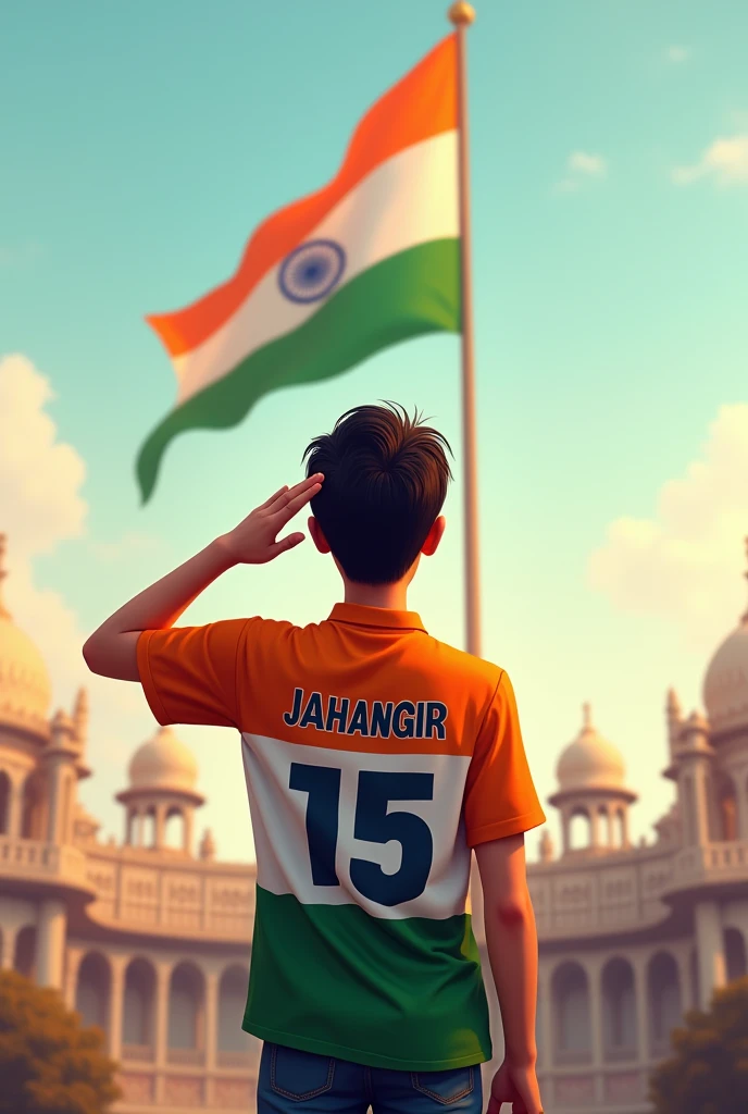 a 21 years old boy salutes the national flag of bharat and he is wearing a shirt print is like bharat flag and "JAHANGIR" and 15 number and independence day in small is written on it's back in big and bold fonts, 3d illustration