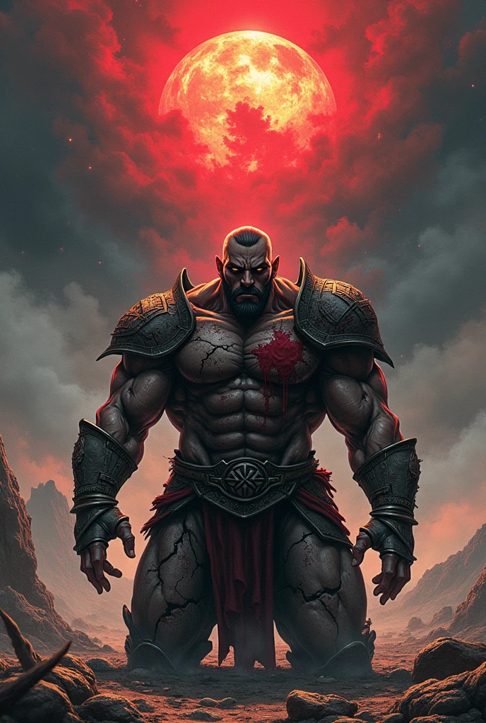 Bloddy anime man in the midst of the apocalypse with broken armor and on his knees with the black background in an ancient era and it says "The Last Strongest Man" at the top