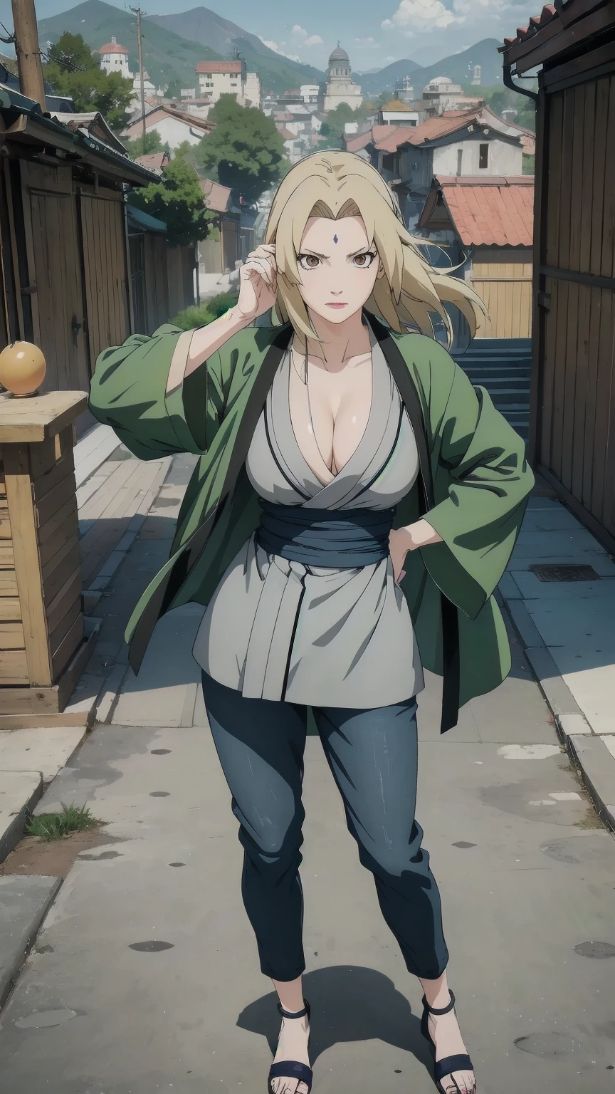 (masterpiece, Highest quality:1.2), alone, One Girl, Tsunade Defense, Forehead mark, View your audience、((Battle Scenes、Fighting Pose、Sweat、Rocky area、wood、sunny、Abandoned city、audience、Navy Blue Pants、Green haori、No sleeve、Torn clothes、Large areola、chest))、Beautiful girl with beautiful details, Professional photography lighting, Highly detailed eyes and face, Beautiful eyes in every detail、Beautiful detailed hair, Beautiful and exquisite cold face、anime、((No sleeve、Underarm))