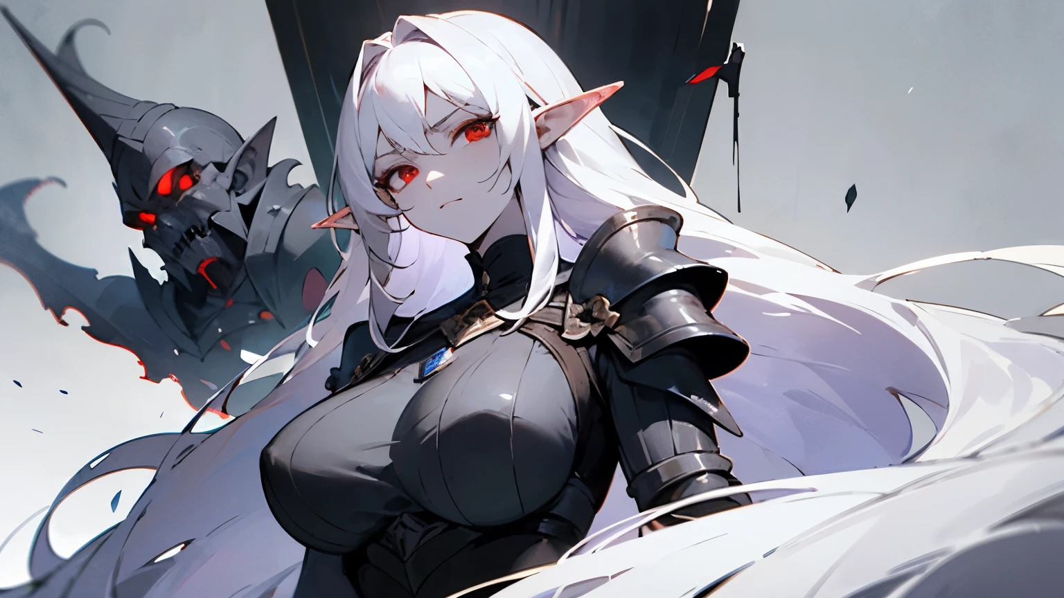 great resolution, beautiful and gorgeous fantasy elf women, several lonely women, black armor, pale violet skin, long white hair, Red eyes, ceñudo, ultraviolent womans, wide shoulders, evil expressions,  ultra detail, masterpiece, huge big breasts, background of a castle, all formed, looking at the viewer, gray color palette, 