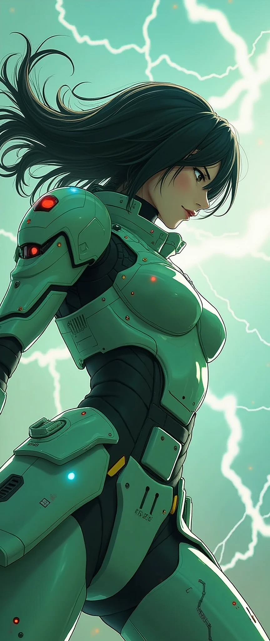 (masterpiece:1.2, Highest quality,High resolution,Very detailedな),8k,wallpaper,(Very detailed),(Armored Core Style),Woman in ninja robot armor,Black Hair,Random Hairstyles,(Wind Ninja),(Light green body),(Detailed face:1.3),(Detailed body:1.3),((Cowboy Shot)),(The background is composed of a semi-transparent hawk and lightning, which are summoned by wind.:2.0),Hair blowing in the wind,cyber punk,(dynamic),(Preparing for battle,Store a ball of wind energy in the palm of your hand.,The electronic parts of the armor glow..),(Fine hand:1.6),(Flashy special move effects:2.0)