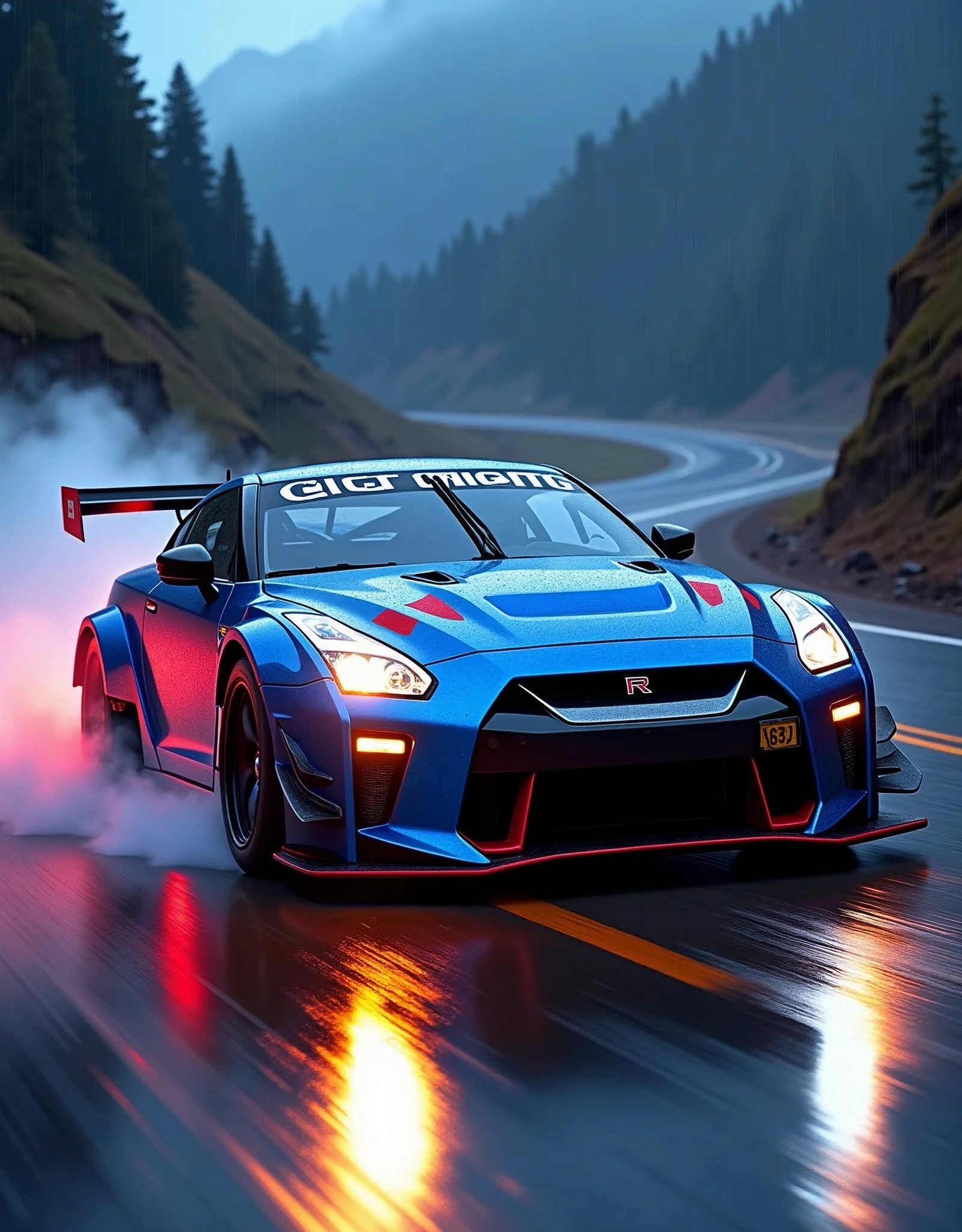 (masterpiece), best quality, ultra-detailed, 8K), a 2024 GTR Nismo with electric Blue text in a 3D font that spells out "GTR Nismo" at the top of the picture above the GTR Nismo, street racing-inspired, Drifting inspired, LED, ((Twin headlights)), (((Bright neon color racing stripes))), (Black racing wheels), Wheel spin showing motion, Show car in motion, Burnout, wide body kit, modified car, racing livery, masterpiece, best quality, realistic, ultra highres, (((depth of field))), (full dual color neon lights:1.2), (hard dual color lighting:1.4), (detailed background), (masterpiece:1.2), (ultra detailed), (best quality), intricate, comprehensive cinematic, magical photography, (gradients), glossy, Drifting, going fast, night, bright yellow headlights, setting USA Oregon's Mountain roads, No text on signs, Late night time, Set in a rain storm with lightning,1 car., Nature, model shoot style, Fast action style, Sideways drifting in to a turn, Red and black cars, Night with galaxy sky, Fast action style, fire out of tail pipes, Sideways drifting in to a turn, Neon galaxy metallic paint with race stripes, aesthetic, intricate, realistic, cinematic lighting, Neon Paint, streaks of fire,