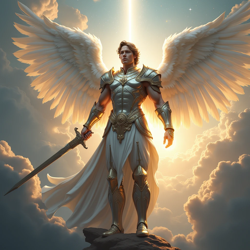 Generate an image that has Archangel Michael standing with the sword in his left hand, in the right hand barely illuminated; the background a sky with clouds, lights and rays.