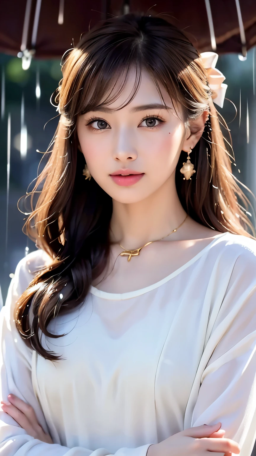 (Very delicate and beautiful: 1.2), 1 girl, Robber Girl, bangs, Cute eyes, bow, Brown Hair, Mouth closed, landscape, Hair between the eyes, hair bow, Long sleeve, Looking at the audience, Medium Hair, alone, Upper Body,  ((alone)), (masterpiece), blonde、Mr..々Pose in motion、With a smile、naked、Loosely inward wavy hair,Gold Necklace＿Big earrings,Extra Long Brown Hair、 ((In the heavy rain of a typhoon,Woman in the rain,Water droplets on the skin,Rain drips down on my body,Wet body,Wet Hair))、(Browsing Caution:1.5)
