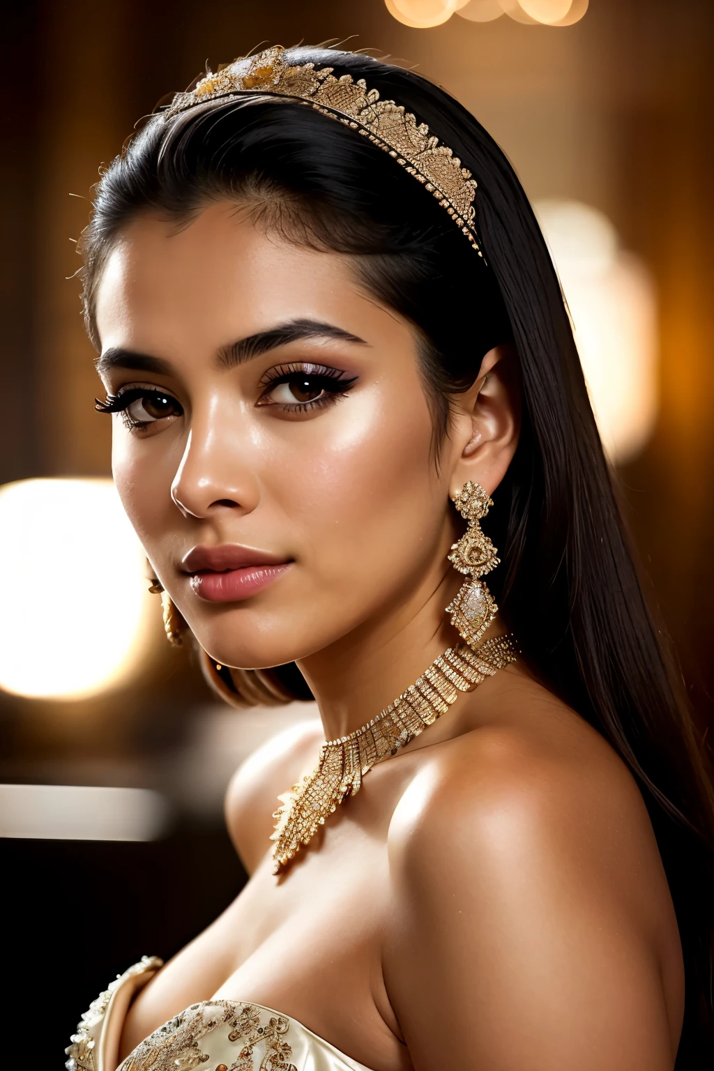 beautiful Salvadorean woman, beautiful detailed eyes, beautiful detailed lips, extremely detailed face and features, long eyelashes, flawless skin, glamorous hairstyle, elegant formal dress, confident pose, intricate jewelry, professional studio lighting, HDR, ultra-detailed, photorealistic, high resolution, cinematic, dramatic lighting, warm color tones, masterpiece, award-winning portrait