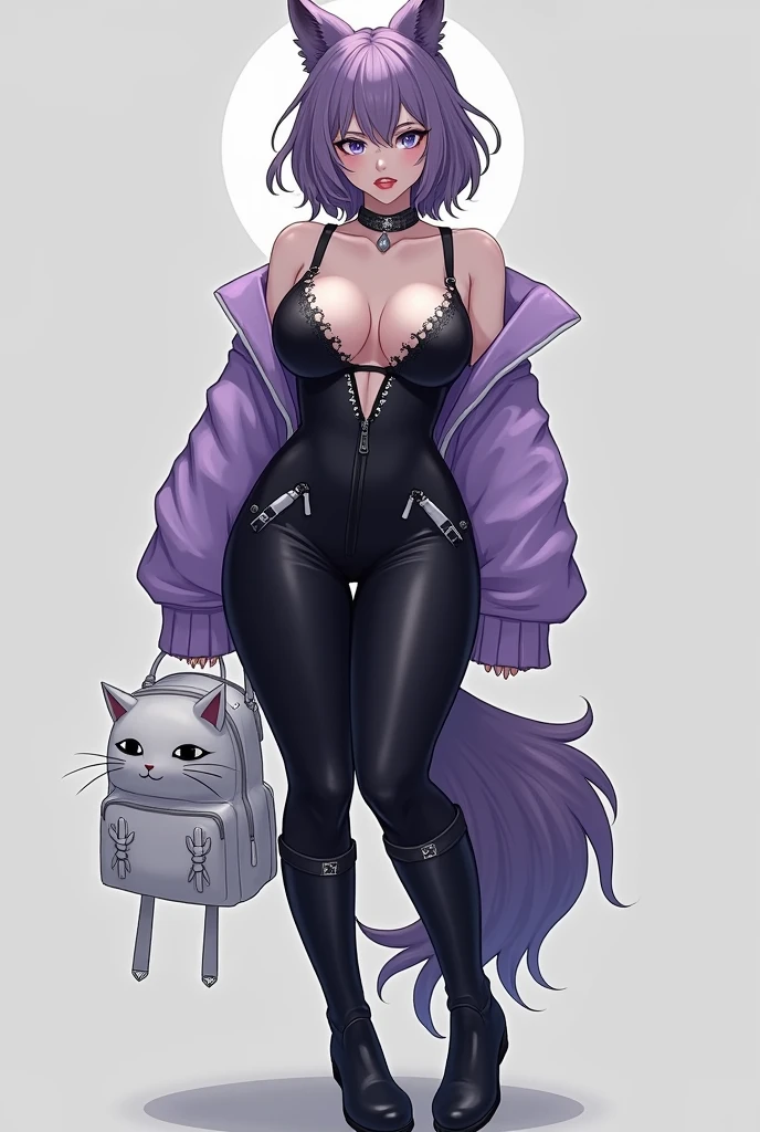 She has a voluptuous and curvy body, with a presence that draws attention. His eyes are particularly striking, with heterochromia that gives it a mysterious touch: One is a deep lilac, while the other is a deep blue. Her short, silky hair reaches her shoulders., framing your face with grace. The wolf ears he has give him a wild and enigmatic air., and a long, soft wolf tail extending behind her, completing his semi-beast appearance.

She wears a black jumpsuit that covers her body from head to toe., but stands out with a short lilac sweatshirt with white details that adds a touch of color and personality. A black skirt completes her outfit, and her long black knee-high boots give her an air of adventure.. He carries a white backpack in the shape of a cat, who seems to be his faithful traveling companion."