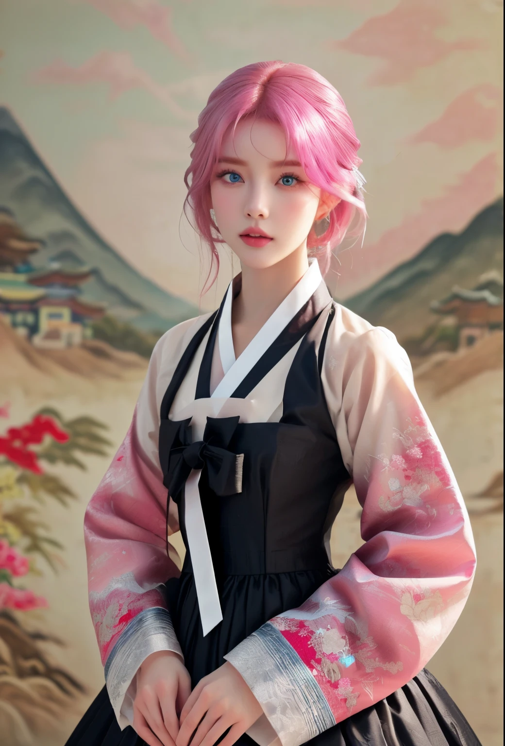 (finely detailed beautiful eyes and detailed face,masterpiece sidelighting,masterpiece,best quality,detailed,High-resolution illustration),, (1 woman,whole body,Bishōjo,shiny skin,looking down,looking at viewer),, (pink hair,blue eyes,ribbon,Han bok, korean clothes), (Dressed up_Underbust:1.2),Under the chest,