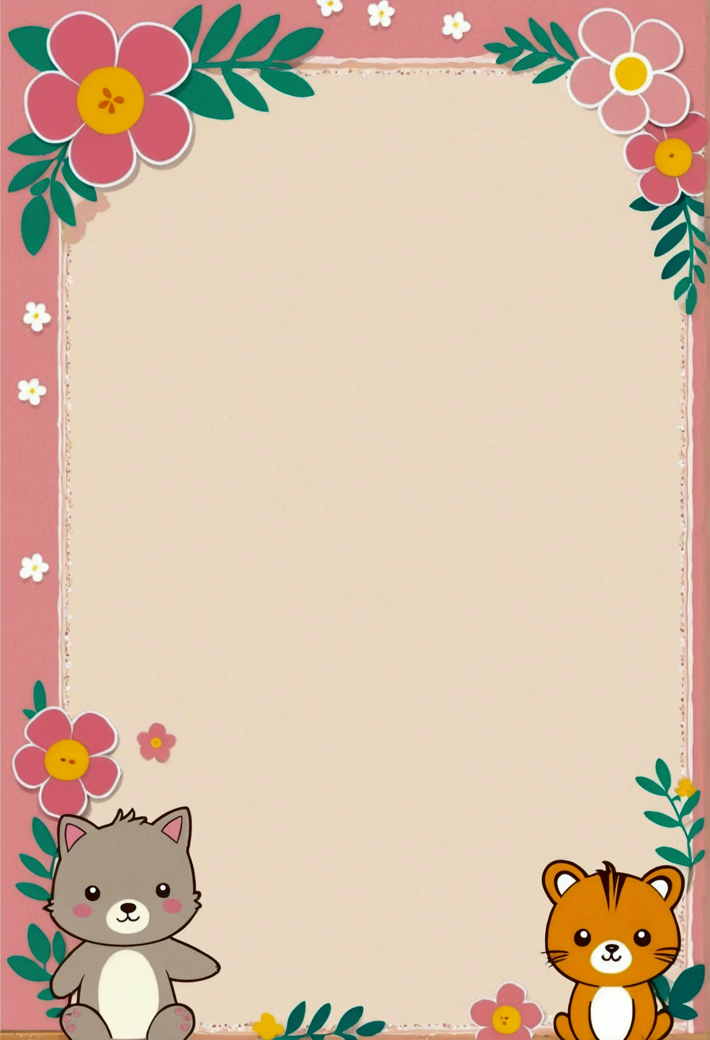 cute cartoon， Pink border,  Paper border,Flower decoration， Anime background, Cute little animals, Background image, Cartoon Decoration，Line，on simple background, , simple background, 