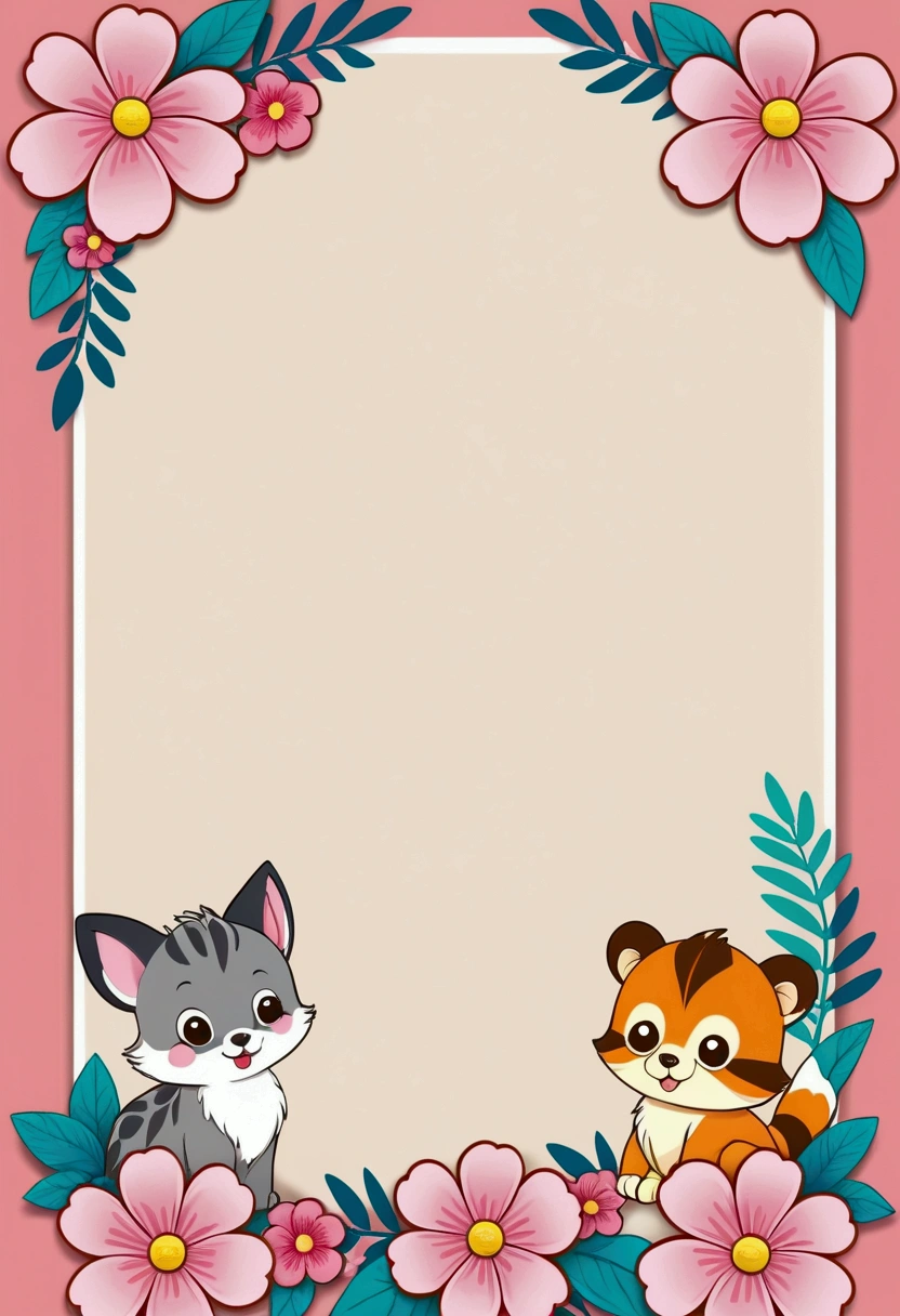 cute cartoon, Pink border, Paper border,Flower decoration, Anime background, Cute little animals, Background image, Cartoon Decoration,Line,on simple background, , simple background,