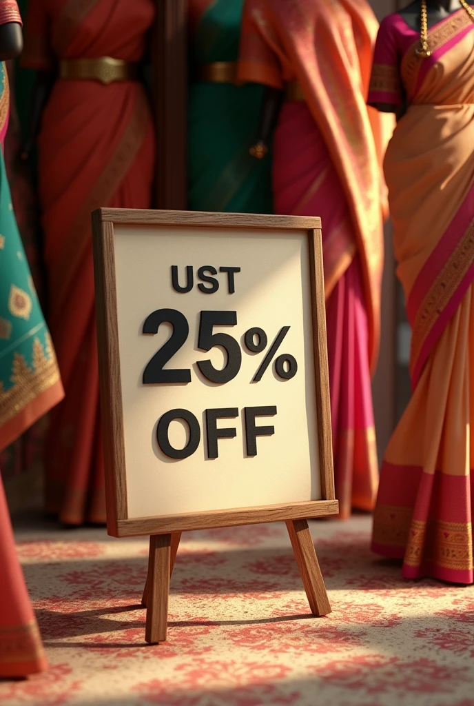 Bye 2 get  25 % discount wirteen sign bord with some asthetic saree decoration at the background 