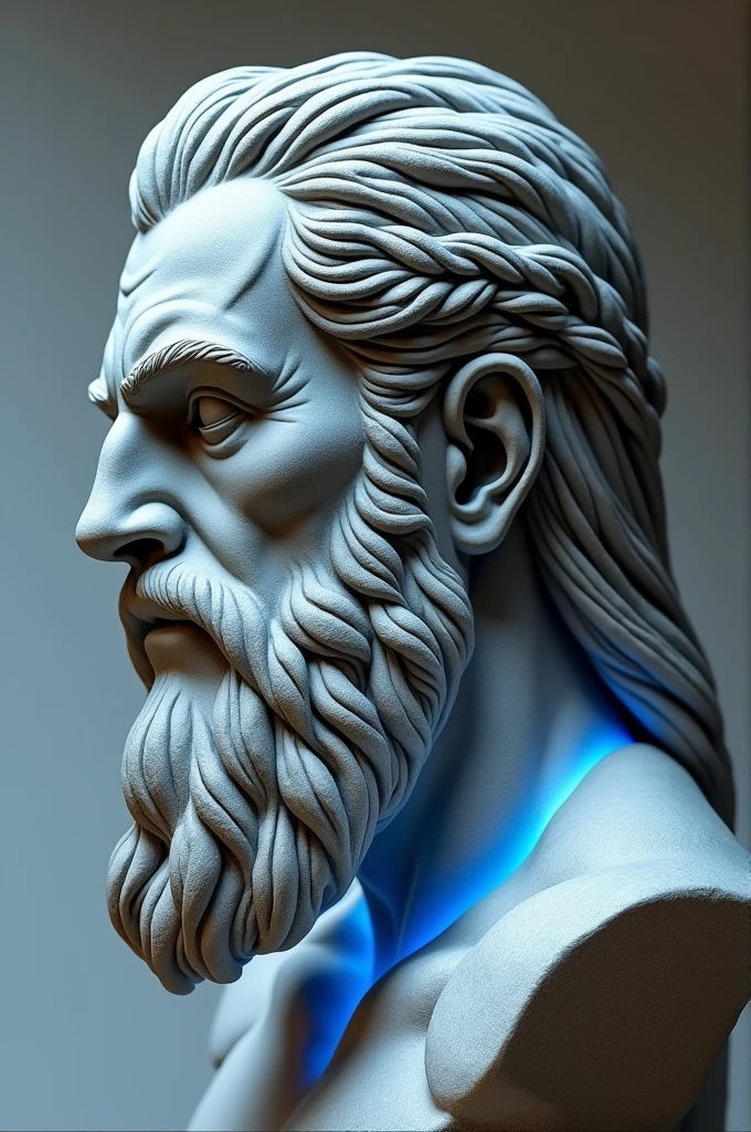 Create a stone sculpture of a Viking man's face in profile, Greek sculpture style, with blue lights and tattoos