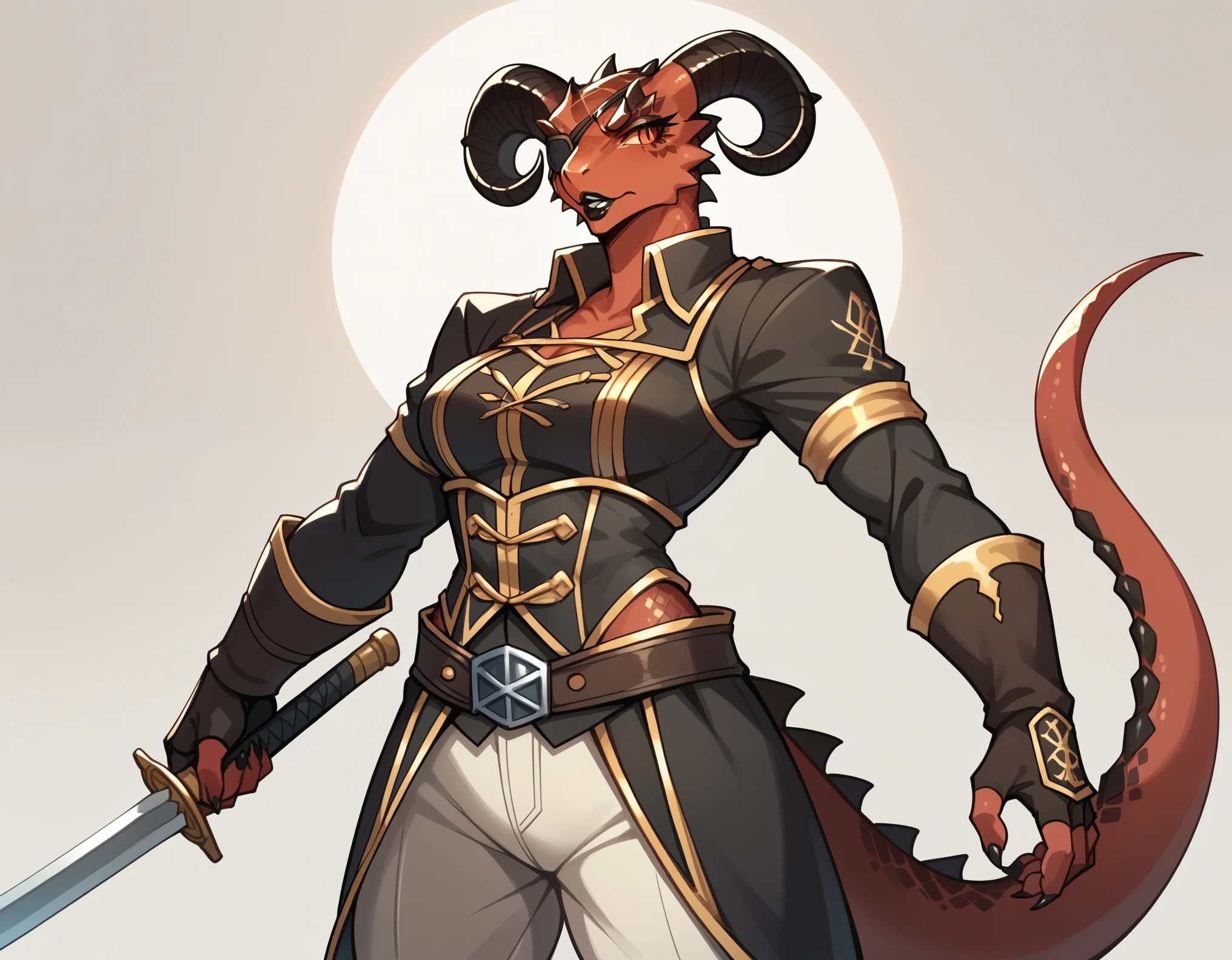 Solo, score_9,score_8_up,score_7_up, source_anime, aegis, kemono style, aegis, Anthro reptile girl, snout, all red skin, red eyes, white sclera, black lips, black ram horns, red tail, black lips, tall, black pirates outfit, long sleeve pirates lacy shirt, pirates pants, black eyepatch, fingerless gloves, holding a pirates cutlass sword, on a pirate ship,