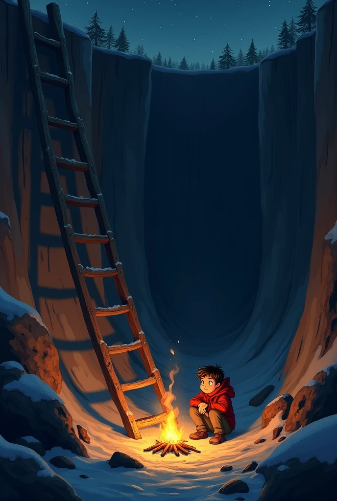 At night time,a boy inside a large hole and ther is a leader for escape from that. But because of cold at night he cuts some of the steps from the leader and made a campfire for reducing cold and he is sitting near to that