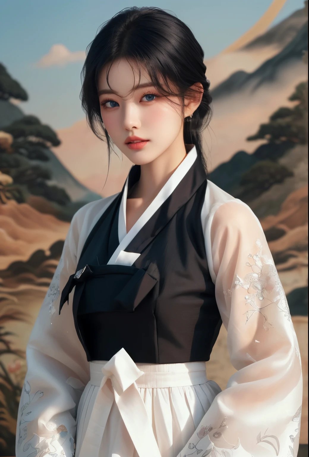 (finely detailed beautiful eyes and detailed face,masterpiece sidelighting,masterpiece,best quality,detailed,High-resolution illustration),, (1 woman,whole body,Bishōjo,shiny skin,looking down,looking at viewer),, (black hair,blue eyes, Lapel, Han bok, korean clothes), (Dressed up_Underbust:1.2), Under the chest,