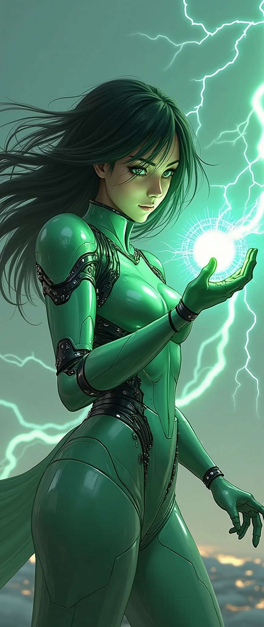(masterpiece:1.2, Highest quality,High resolution,Very detailedな),8k,wallpaper,(Very detailed),(Armored Core Style),Woman in ninja robot armor,Black Hair,Random Hairstyles,(Wind Ninja),(Light green body),(Detailed face:1.3),(Detailed body:1.3),((Cowboy Shot)),(The background is composed of a semi-transparent hawk and lightning, which are summoned by wind.:2.0),Hair blowing in the wind,cyber punk,(dynamic),(Preparing for battle,Store a ball of wind energy in the palm of your hand:1.6,The electronic parts of the armor glow.:1.6),(Fine hand:1.6),(Flashy special move effects:2.0)