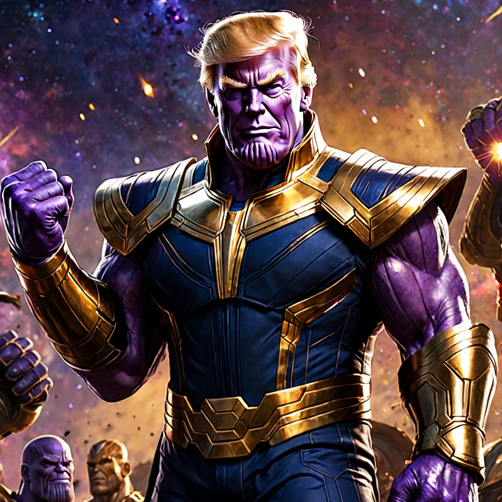 Donald Trump in a triumphant pose, He is portraying villain Thanos, wearing the Infinity gauntlet
