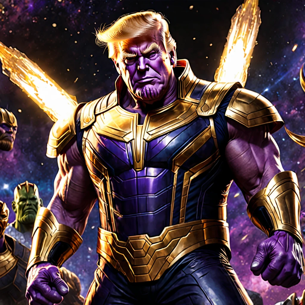 Donald Trump in a triumphant pose, He is portraying villain Thanos, wearing the Infinity gauntlet