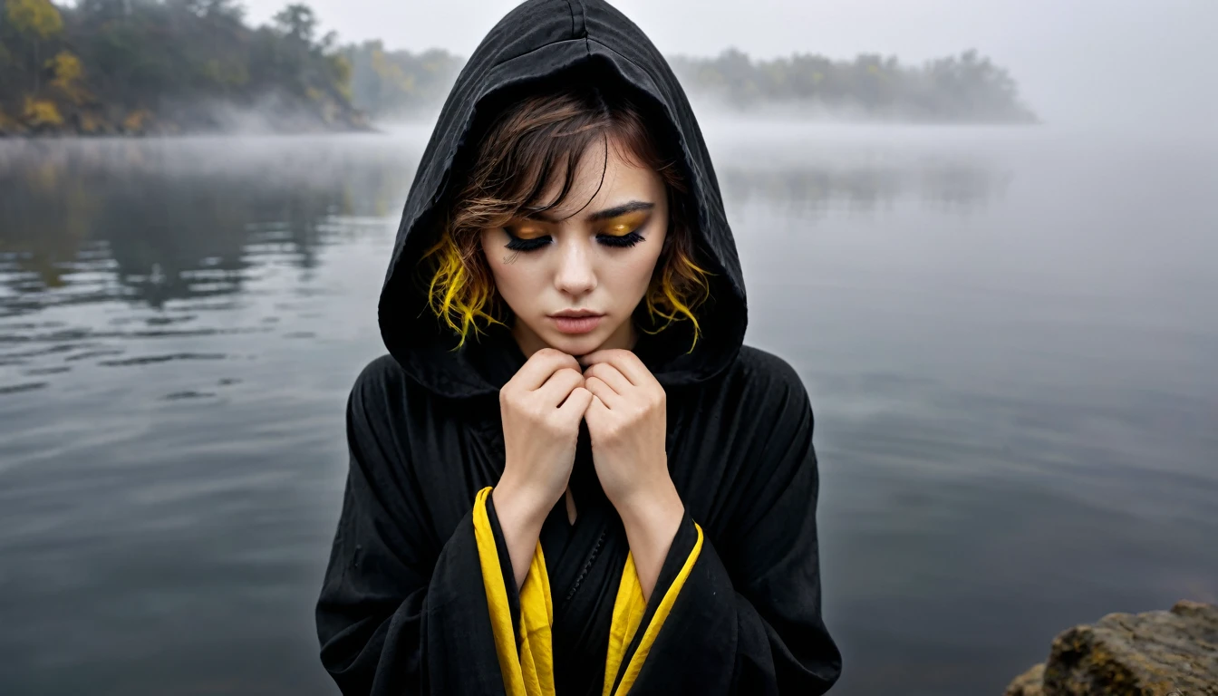 ((masterpiece, Fantasy,One eye closed,Black paint on eyelids and cheeks, Girl)), Brown wavy short hair, Black hooded robe,Heavy Robe,assassin, Yellow Eyes, Lakeside, fog, Trying to remove the hood with both hands