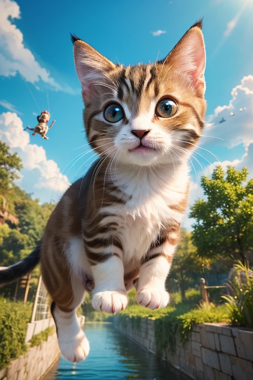 (Highest quality、masterpiece、8k))、Anatomically correct、Very detailed、High resolution、Cinematic lighting、Realistic、((Beautiful, bright, large eyes))、Intricate details、((Dynamic composition))、Cute realistic kitten、Big head、Surprised face、Oh my God、((bungee jumping))、you tube、fly in the sky
