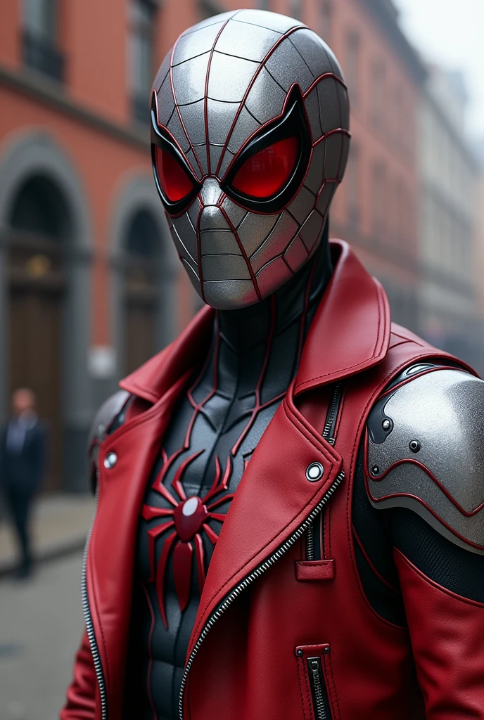 Creates a Spider-Man villain with a silver and scarlet technological suit, the lenses of his mask are crimson red, he also wears a sleeveless red leather jacket with gray touches, he also has gloves that leave his fingers exposed, too. has the spider on his chest occupied