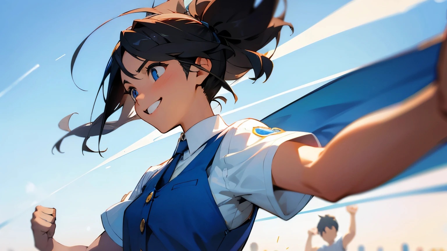 Young people, mixed gender, various races, smiling faces, white short-sleeved shirts, looking happy, full of motivation, passionate, happy, blue sky, contrails, clear skies, upper body composition, great Image quality, masterpiece, eyes are clear, fists are clenched, arms are raised