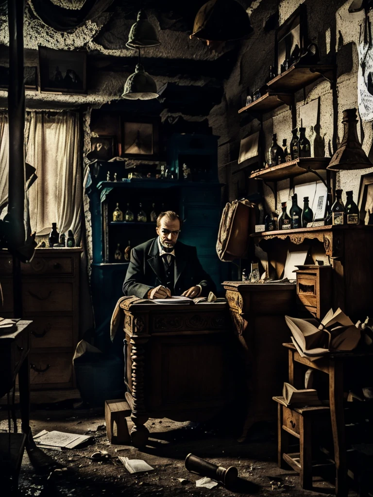 Dostoyevsky, Underground Man, Notes From the Underground, sitting at desk, squalor, clutter, whiskey bottles, lithograph, notebooks, HD, 8x, intricate, black and white, Moscow, 19th century, single person, vivid lurid colors, old photograph, lomo effect