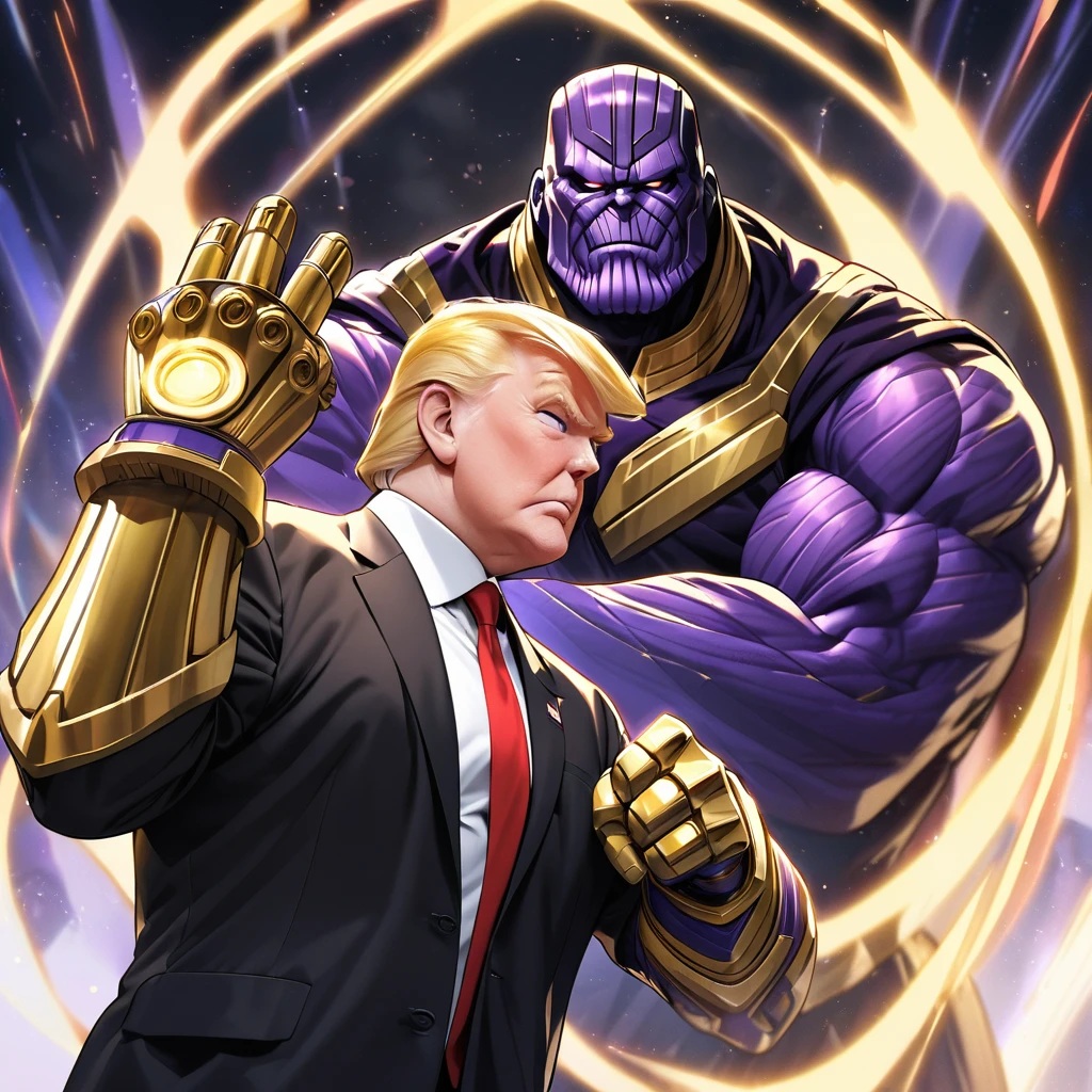 Donald Trump in a triumphant pose, He is portraying villain Thanos, wearing the Infinity gauntlet
