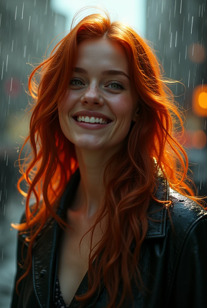 A woman who appears to be 30 years old, redheadwear, new, with a sensual look and expression of happiness walking in the rain