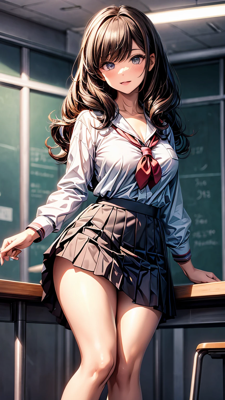 1 schoolgirl, strong and dominant personality, standing confidently, sexy and curvy body, front view, wearing a modified school uniform with a short skirt and tight blouse, long wavy hair, intense and assertive expression, indoor setting, dim lighting, highly detailed, high quality, anime style, masterpiece