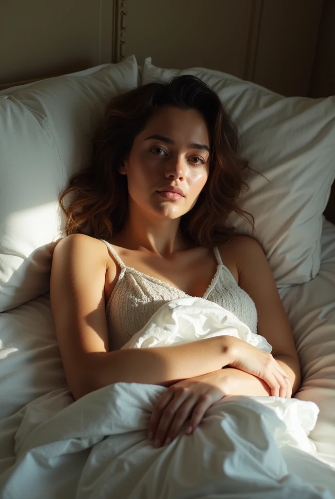 a woman lying in bed