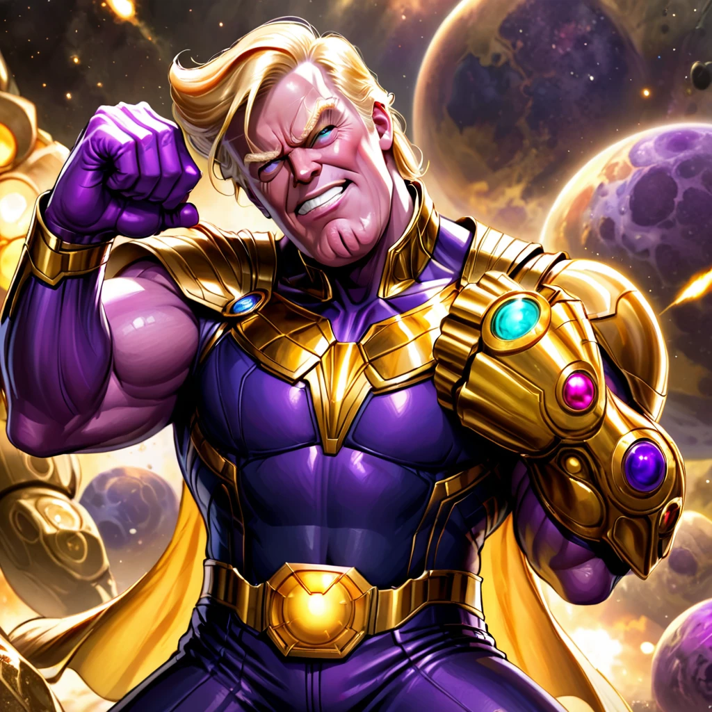 Donald Trump in a triumphant pose, He is portraying villain Thanos, wearing the Infinity gauntlet
