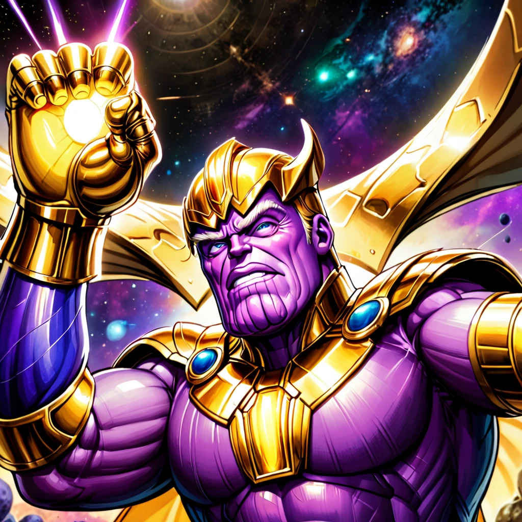 Donald Trump in a triumphant pose, He is portraying villain Thanos, wearing the Infinity gauntlet
