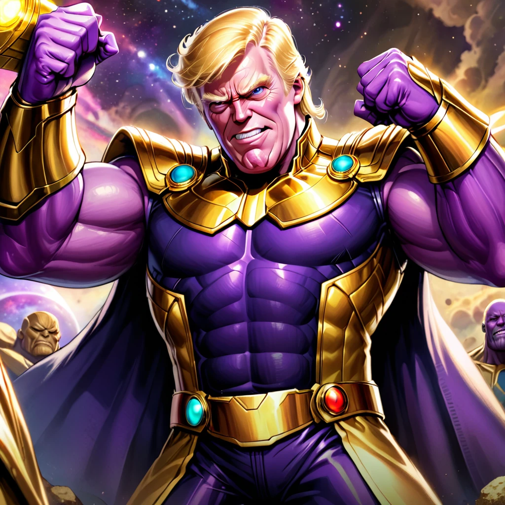 Donald Trump in a triumphant pose, He is portraying villain Thanos, wearing the Infinity gauntlet
