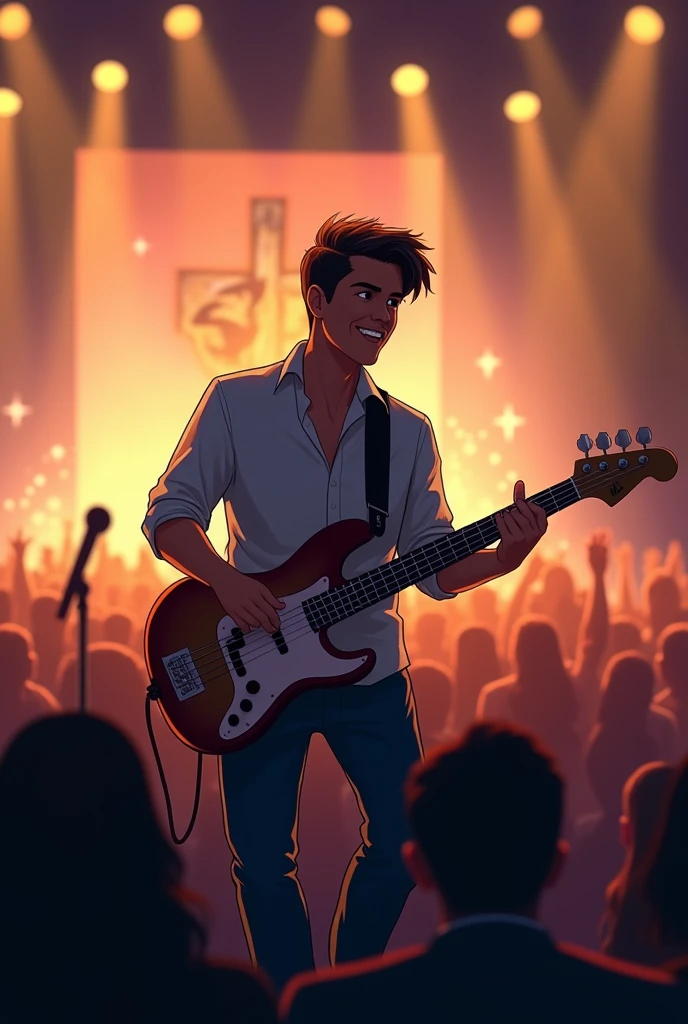 Young man playing bass at Christian concert