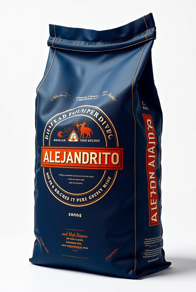 PERUVIAN RICE SACK DESIGN OF 50 KILOGRAMS DARK BLUE COLOR and/or ORANGE, WITH THE NAME ALEJANDRITO that is striking, Type of plastic bag with logos or designs that reflect the country of Peru, that they are EYE-CATCHING, something better
