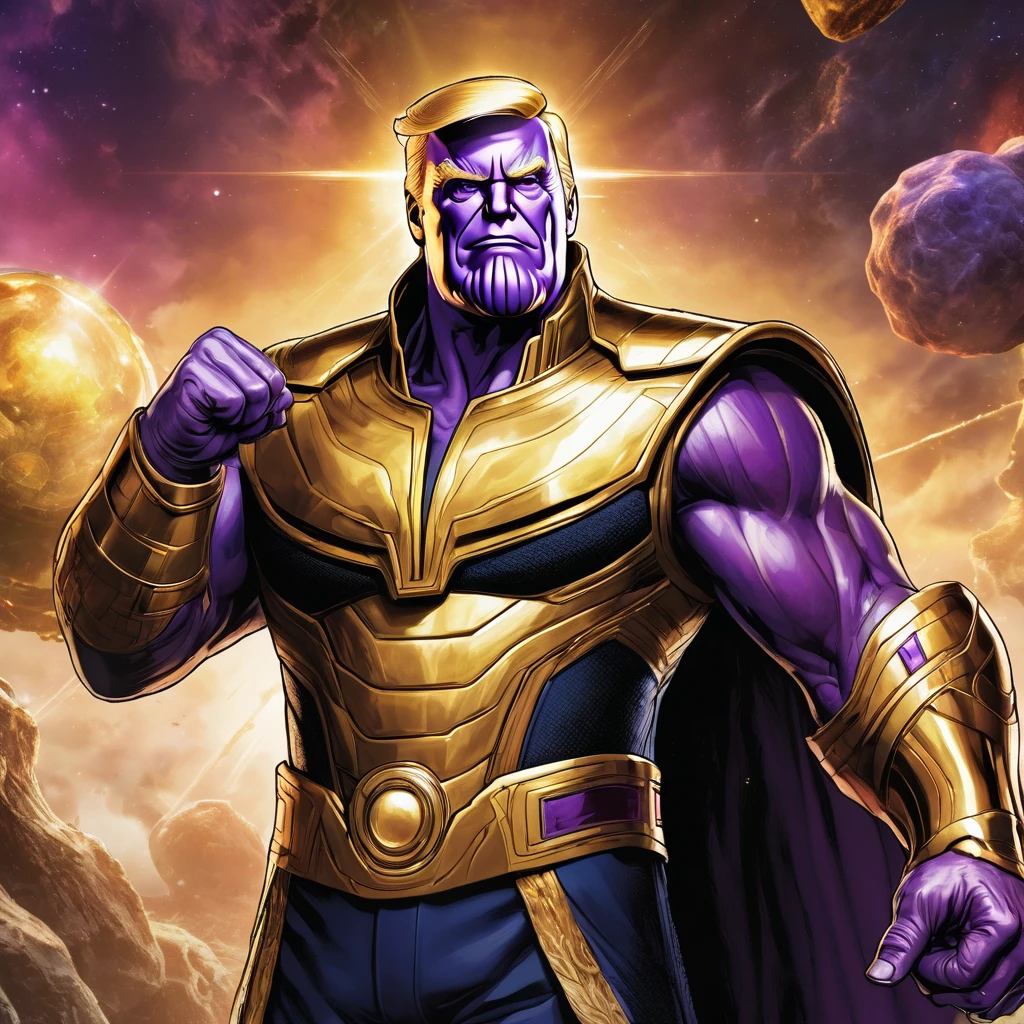 Donald Trump in a triumphant pose, He is portraying villain Thanos, wearing the Infinity gauntlet
