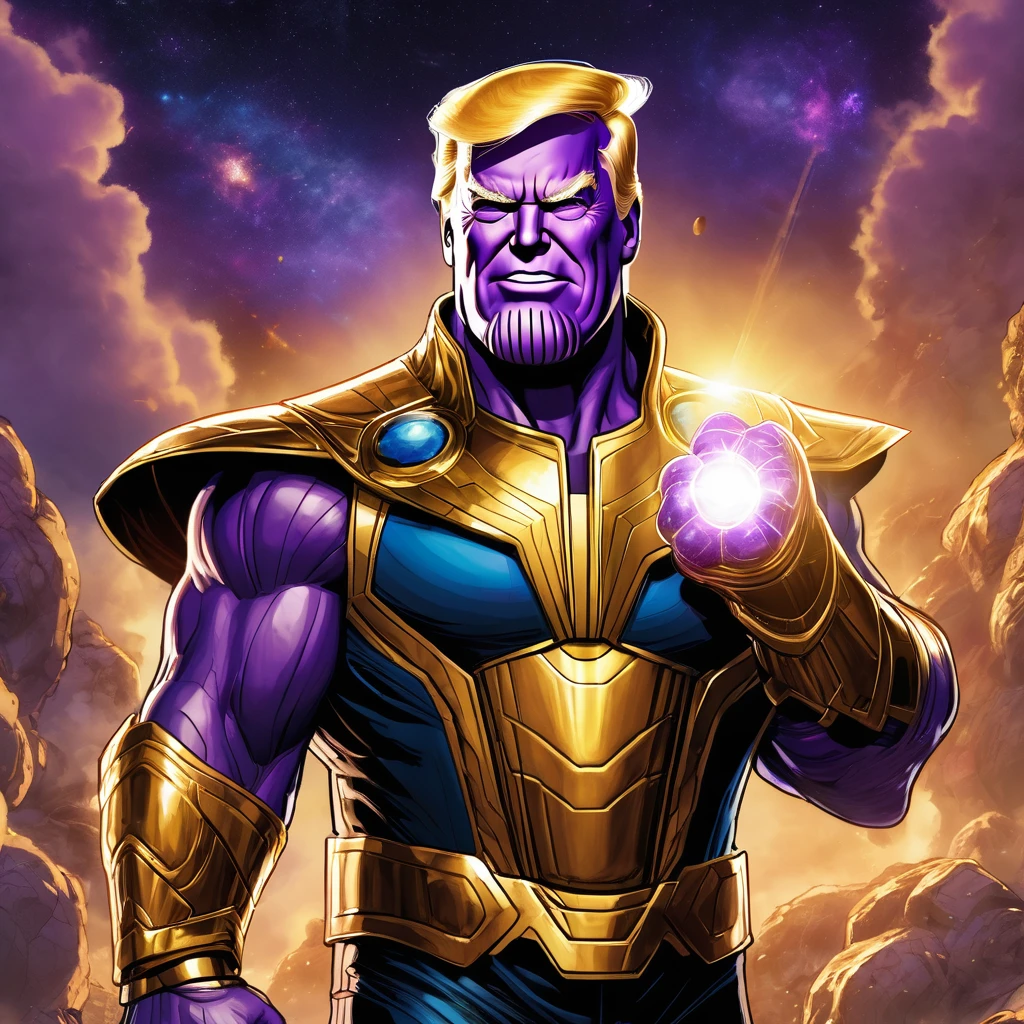 Donald Trump in a triumphant pose, He is portraying villain Thanos, wearing the Infinity gauntlet
