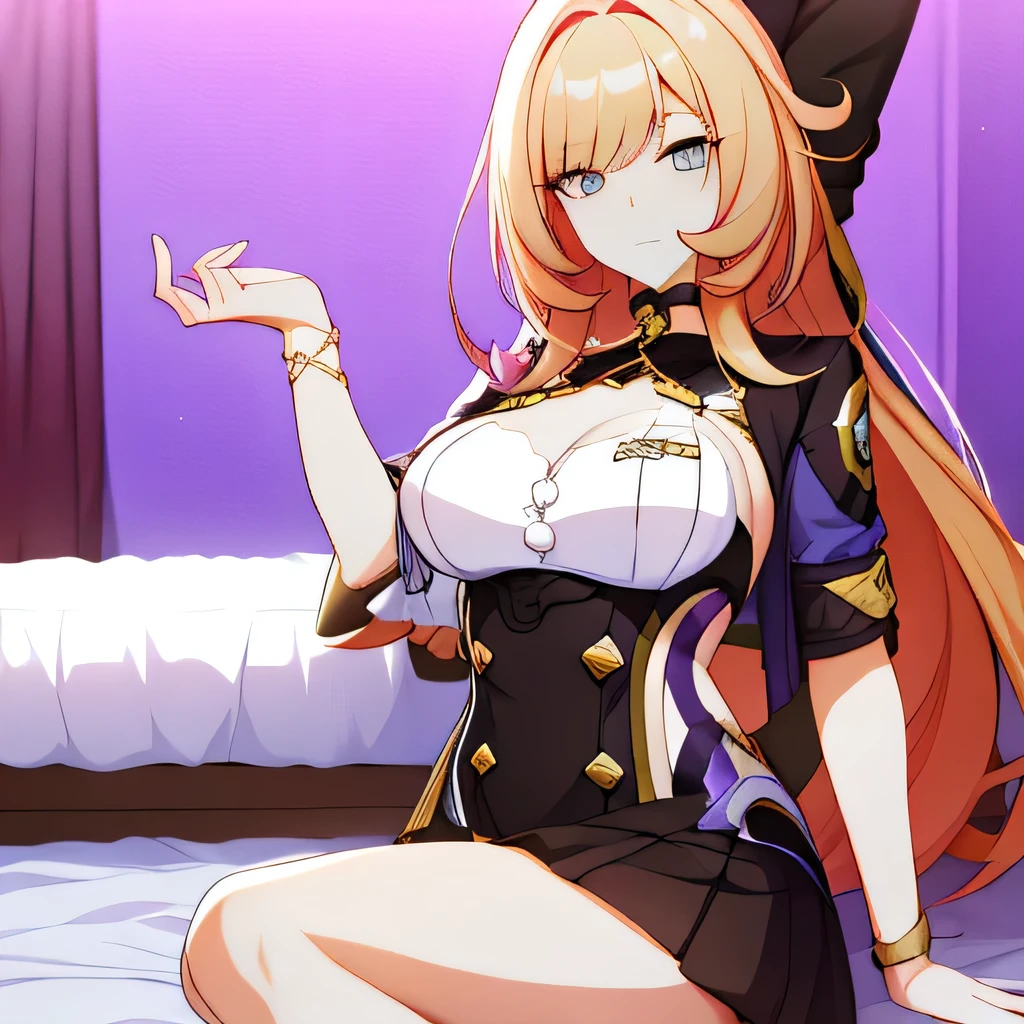 a beautiful girl, with medium breasts and pronounced hips, with long, loose yellow-blond hair, with gray eyes. He wears a tight black college uniform.. She is sitting on a bed, looking with a little annoyance at the viewer.