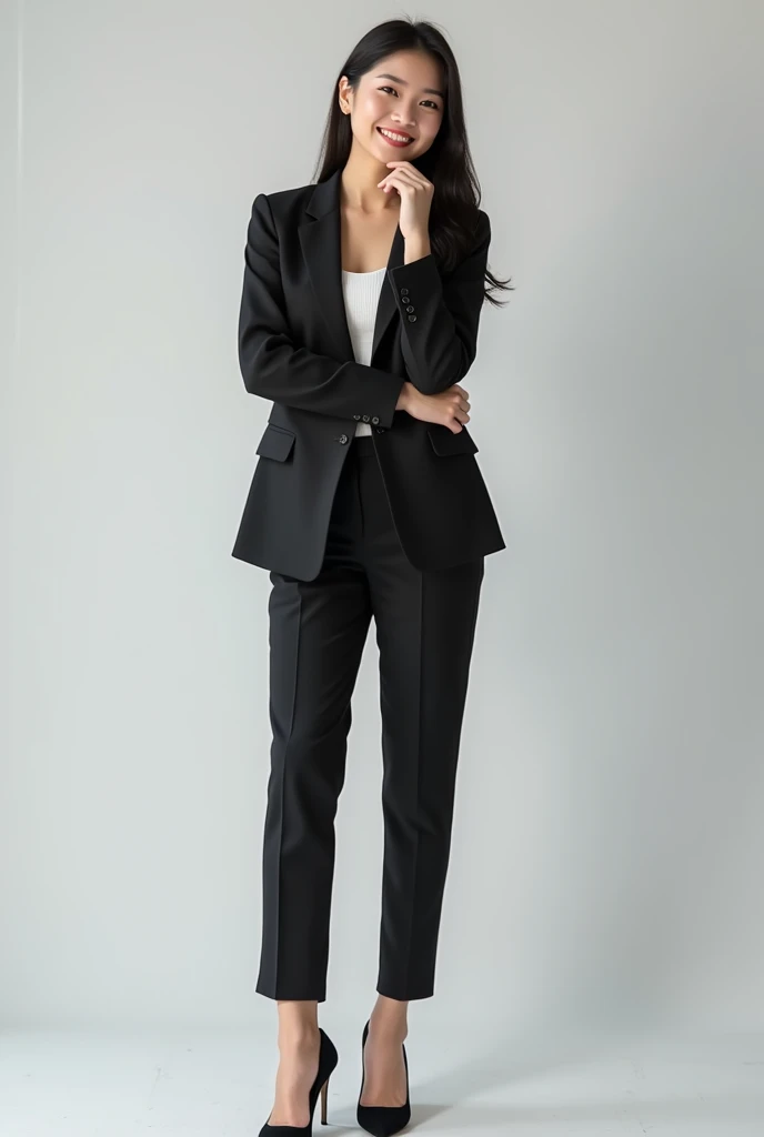 Create an image of an 18-year-old Asian businesswoman. She is standing with one arm crossed in front of her chest and the other hand resting on her chin, showing a thoughtful expression. She is smiling with a cute face. The image should be full-body, with her wearing a blazer that is slightly revealing, high heels, and conveying a youthful and successful appearance