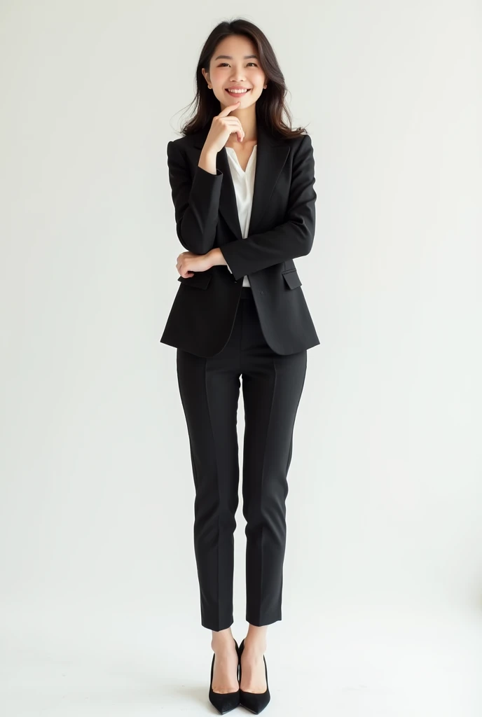 Create an image of an 18-year-old Asian businesswoman. She is standing with one arm crossed in front of her chest and the other hand resting on her chin, showing a thoughtful expression. She is smiling with a cute face. The image should be full-body, with her wearing a blazer that is slightly revealing, high heels, and conveying a youthful and successful appearance
