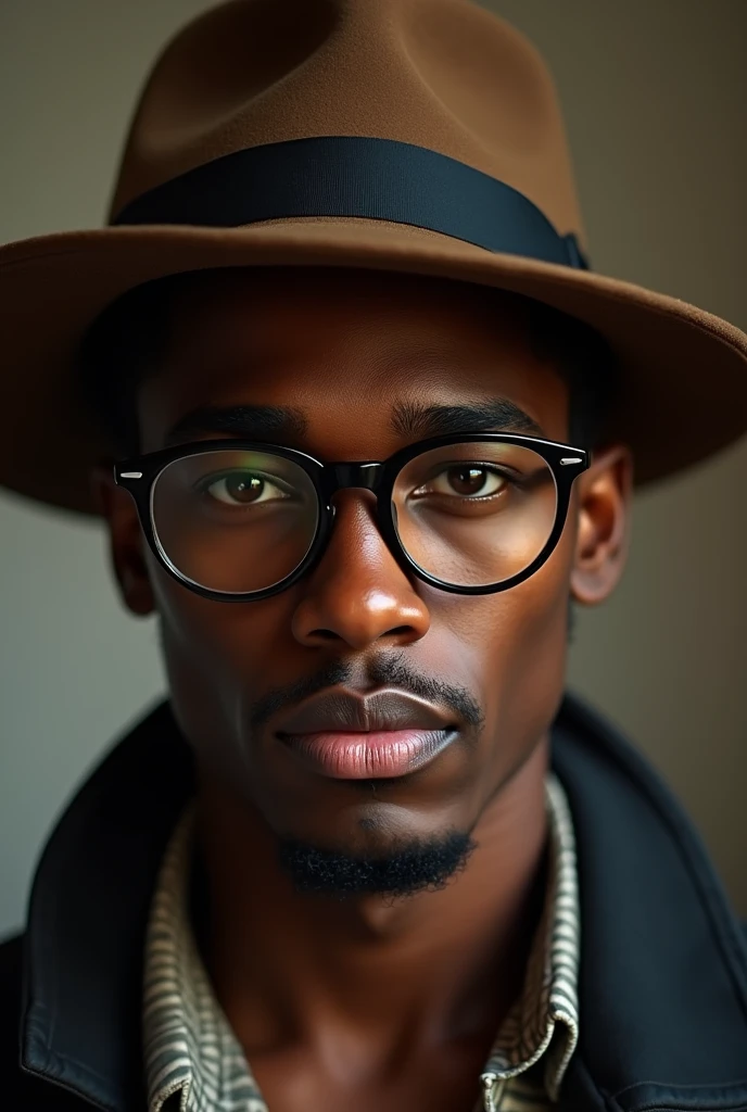 (photorealism:1.2), a young black handsome man wearing a brown hat, black oversized glasses and no beard watching the camera.