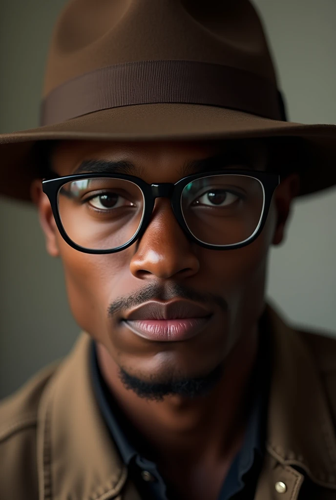 (photorealism:1.2), a young black handsome man wearing a brown hat, black oversized glasses and no beard watching the camera.