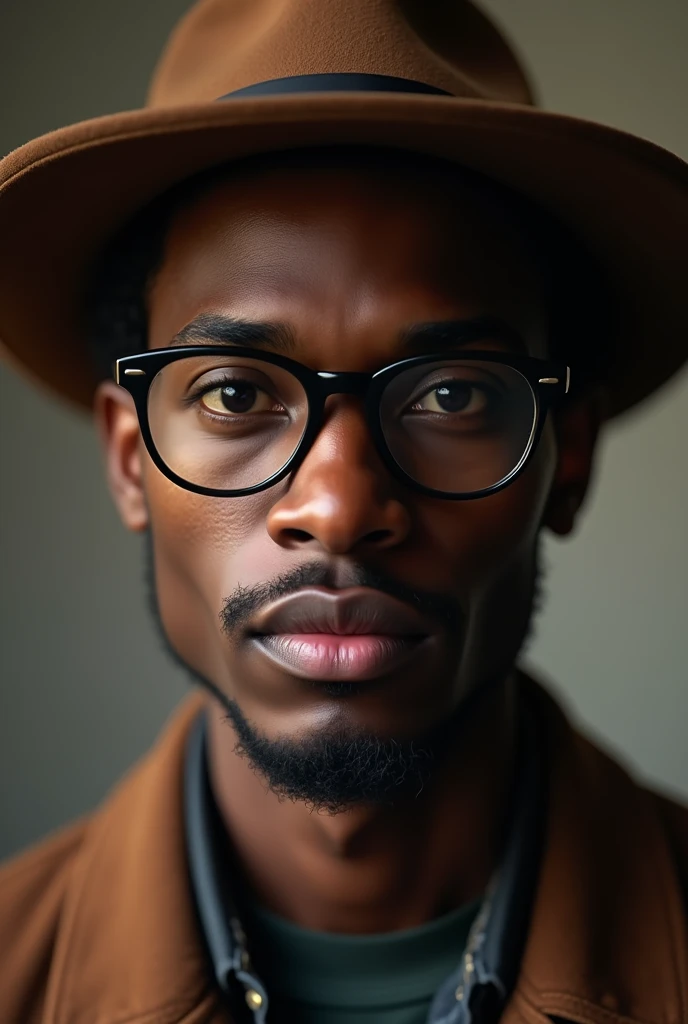 (photorealism:1.2), a young black handsome man wearing a brown hat, black oversized glasses and no beard watching the camera.