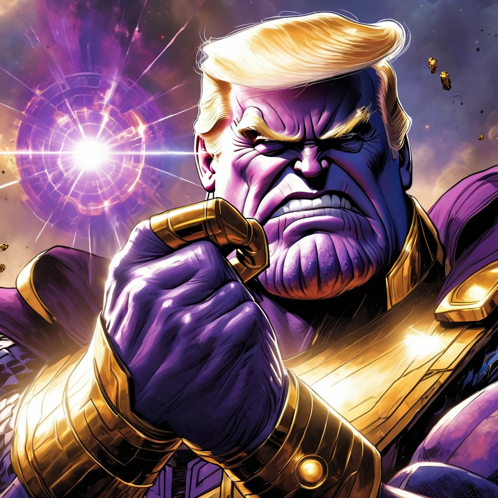 Donald Trump in a triumphant pose, He is portraying villain Thanos, wearing the Infinity gauntlet
