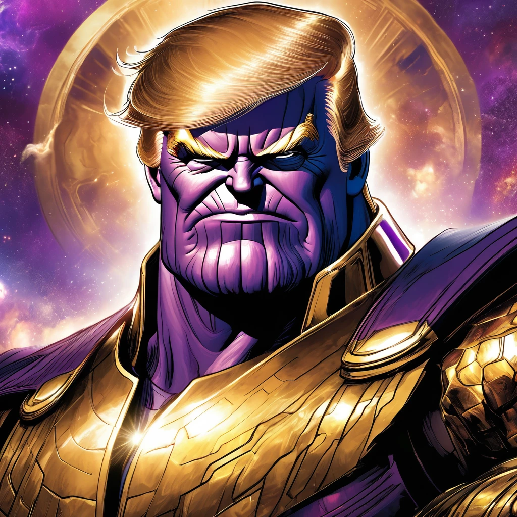 Donald Trump in a triumphant pose, He is portraying villain Thanos, wearing the Infinity gauntlet