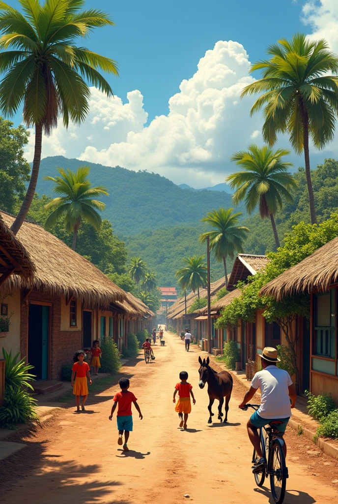 Generates a real image of a Colombian town, where you see bareque houses with palm trees, Children playing, donkey and trees, and the mud streets, with a man on a bicycle